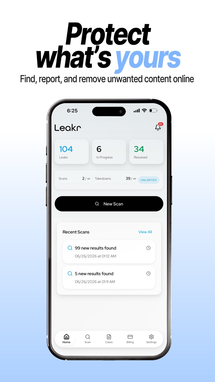 Leakr home screen showing leaks found, cases in progress and resolved