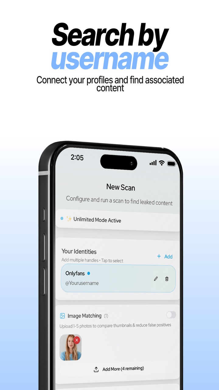 New scan screen with creator handles and image matching