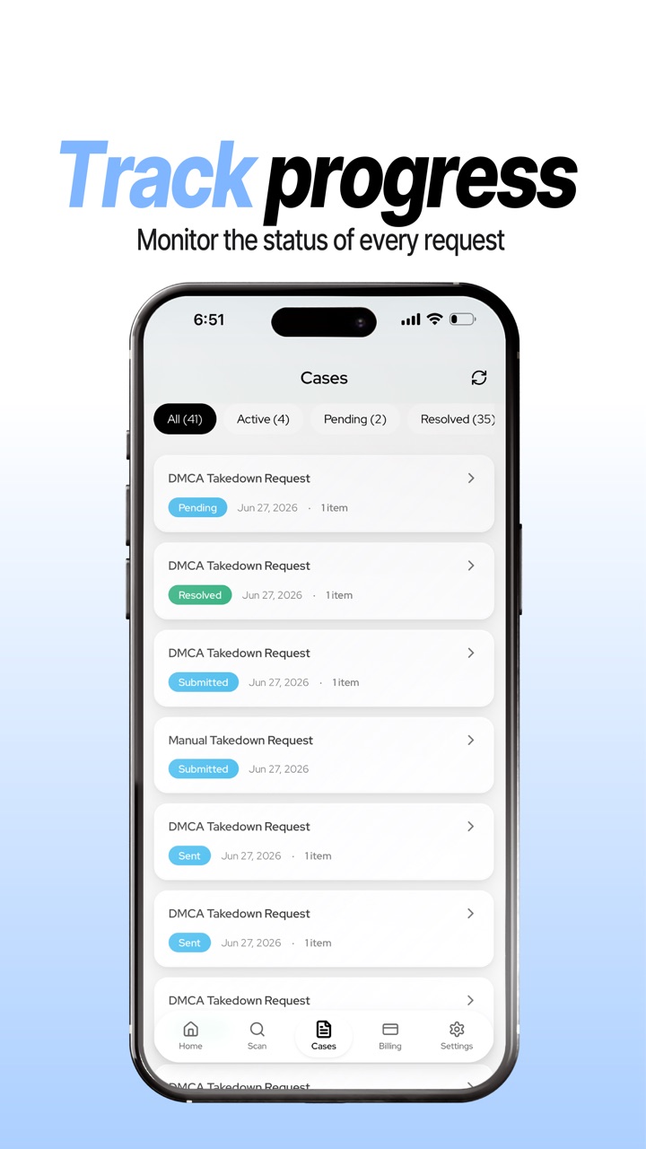 Cases screen tracking DMCA takedown requests by status