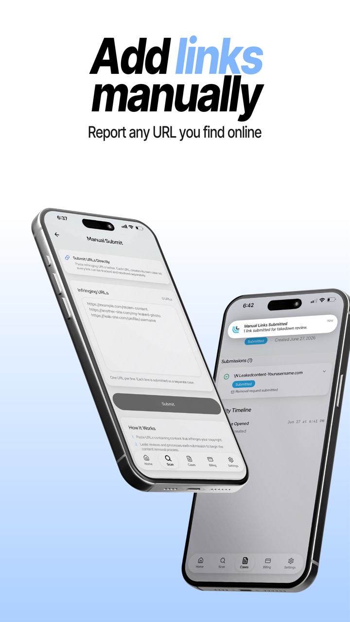 Manual submit screen for reporting infringing links